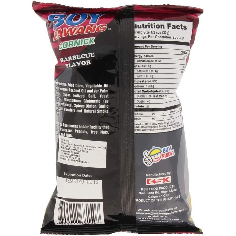 Boy Bawang Cornick Barbeque Flavored Fried Corn, 90g/3.17 oz. Bag