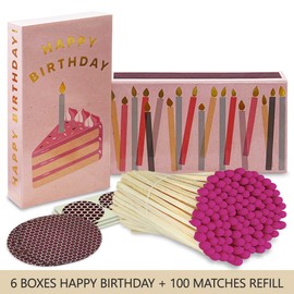 Thankful Greetings HomArt Decorative Matchbox w/ 4 Inch Matches & Refill | Set of 6 Birthday Vintage Boxes + 100 Pink Tip Matches & Striker Stickers Unique Gifts, Home Decor, & Candle Accessories