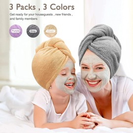 Mumoo Bear 3 Pack Microfiber Hair Drying Towel Wrap Super Absorbent Twist Turban Fast Dry Hair Caps with Buttons Bath Loop Fasten Salon Dry Hair Hat