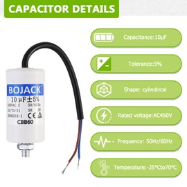 BOJACK 10uF 450V Motor Running Capacitor 34 x 63 mm Starting Capacitor Engine Start Capacitor with Capacitor with Lead Wire M8 with Nut Suitable for Most Engines