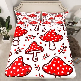 Cute Mushroom Bed Sheet Set Cartoon Mushrooms Bedding Sheet for Kids Boys Girls Teens Decor Kawaii Fungus Red White Fitted Sheet Wild Mushroom Stuff Fitted Sheet Room Decor Full Size