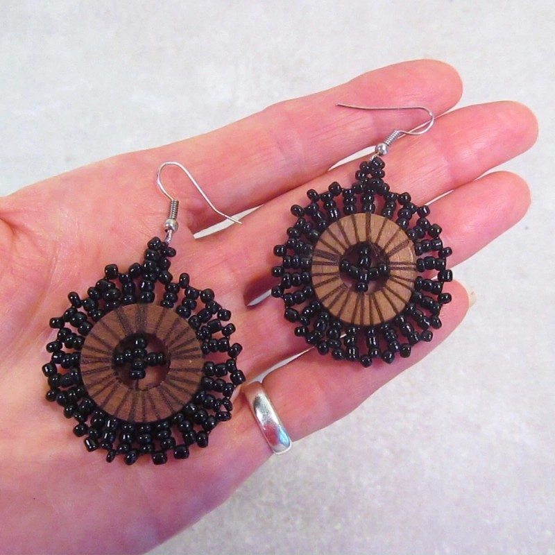 "Handmade" 1 1/2" Handmade Black Color Seed Bead Boho Wood