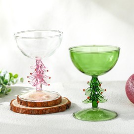 Sunnychicc 2 Pcs Christmas Tree Stemmed Wine Glass 5.5oz Vintage Elegant Goblet Wine Glass Decoration for Xmas Cheerful Party Festive New Years Winter Season(Pink and Green)