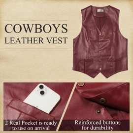 Giftdigger Men's Western Cowboy Vest,Vintage Cowboy Suit Vest with Bolo Tie, Slim Wedding Vests,Leather Light Casual Vests,Burgundy Vintage Western Denim Casual Waistcoat, M