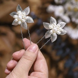 YBSHIN Bride Wedding Hair Pins Flower Hair Clips Bridal Headpieces Pearl Leaves Hair Accessories Jewelry for Women and Girls (Silver)