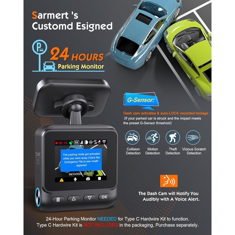 Sarmert C1 5K Dash Cam, Built-in GPS 5G WiFi, 5K/4K/2.5K