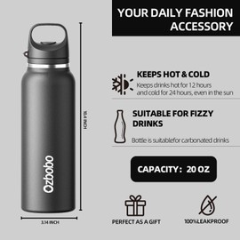 Ozbobo 20 OZ Water bottle with Quick Fill Technology, Double Walled Vacuum Insulated Bottle For Women Man, 100% Leak Proof Locking Lid, Sip & Chug, BPA Free, Holiday Gift for Him Her(Black)