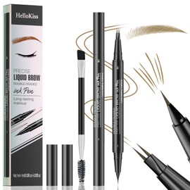 Microblading Eyebrow Pen, Dual-Ended Eyebrow Pencil with 2 Micro-Fork-Tip & Spoolie Brush, 3D Waterproof Eye Brow Pencils, Long-lasting Brow Pen for Natural Looking Brows Makeup (Light Brown)