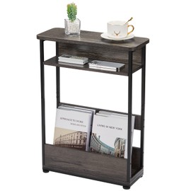 Vintage Narrow Side Table with Storage Shelf, 3 Tier Slim End Table Modern Sofa Table for Narrow and Small Spaces, Bedside Table Small Nightstand with Magazine Rack/Grey