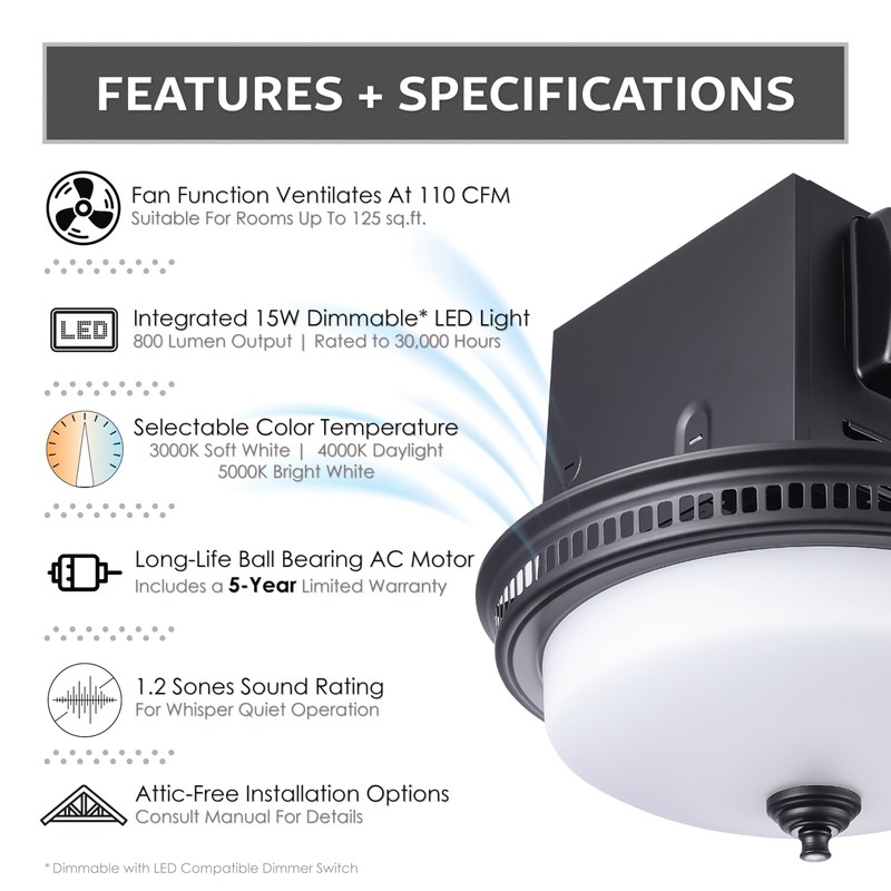 Decorative Round Matte Black 110CFM Bath Fan w/Integrated LED Light