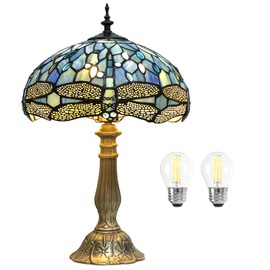 YingJu Tiffany Lamp,Blue Stained Glass Table Lamp,12X12X18 Inches Dragonfly Style Desk Lamp for Bedroom,Living Room,Home Office (Including LED Bulbs)
