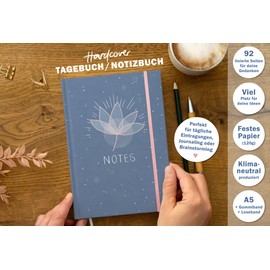 Eine der Guten Diary - A5 Notebook Journal for Adults and Teenagers, 92 Pages Lined, Hard Cover with Rubber, FSC Paper, Blue Pink White, Lotus Flower