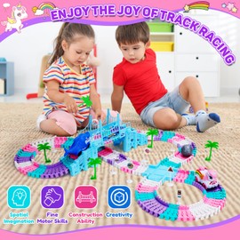 Race Track Toys for 3 4 5 Year Old Girls: Shark & Unicorn Gifts for Girls Kids Toys Age 4 5 6, Car Track Construction Toy Birthday Present for 3-9 Year Old Girl Gifts (194PCS)