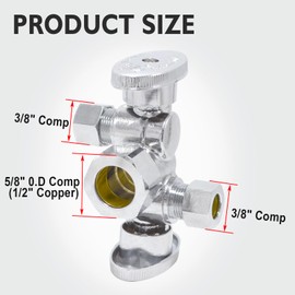 TTFLEX 1/4 Turn Dual Compression Outlet Angle Stop Valve with 2 Shut Off Valve/Handles, 1/2" NOM (5/8" OD) x (3/8 inch x 3/8 inch) Chrome 3-way Faucet Toilet Shut Off Valve