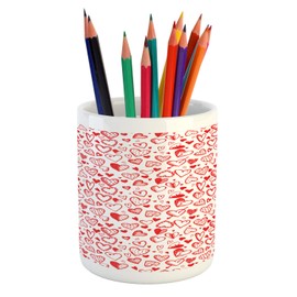 Ambesonne Valentines Pencil Pen Holder, Red and White Pattern with Sketchy Hearts Dots Arrows Romance and Love Theme, Printed Ceramic Pencil Pen Holder for Desk Office Accessory, Scarlet White