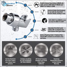 All Metal Shower Head Holder for Hand Held Showerheads, Polished Chrome | Adjustable Shower Arm Mount with Universal Wall Hook Bracket and Brass Pivot Ball