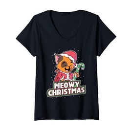 Womens Meowy Christmas Alley Cat Lovers Xmas Santa Orange Tabby Cat V-Neck T-Shirt