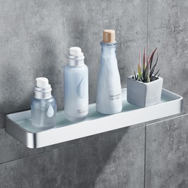 DUFU Duschregal ohne Bohren Duschkorb Selbstklebend Duschwanne mit rostfreiem Organizer Aufbewahrung Kein Schaden Gehärtetes Glas Raum Aluminium Badezimmerzubehör 30cm Silber