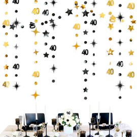 Black and Gold 40th Star Circle Dot Streamer Garland Metallic Black Gold 40 Sign Hanging Backdrop Banner for Women Men Happy Forty Dirty 40 Year Old Birthday 40th Anniversary Party Decoration Supplies