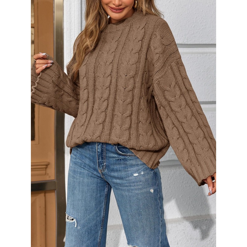 Saodimallsu Womens Oversized Sweaters Cable Knit Bell Batwing Sleeve Crew