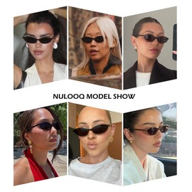 NULOOQ Retro Oval Cat Eye Sunglasses for Women Y2k Trendy Small Narrow Sunnies 90s Designer Sun Glasses (Black Frame/Ocean Blue Lens)