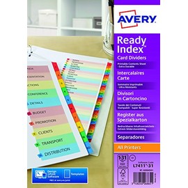 Avery 02004501 200 GSM A4 Pre-Printed Dividers, Multicoloured Tabs 1-31