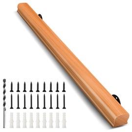 4FT Solid Wood Stair Handrail for Indoor Stairs, Outdoors Stair Railings, Sturdy Wall Mounted Non-Slip Safety Design, Elderly-Friendly & Child-Safe, with Banister Hardware and Brackets