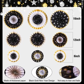 Outus 9 Pcs Happy New Years Eve Hanging Decorations Paper Fans 2024 New Years Eve Party Fans Black and Gold Hanging Paper Fans Ceiling Wall Decor for New Years Eve Party Supplies