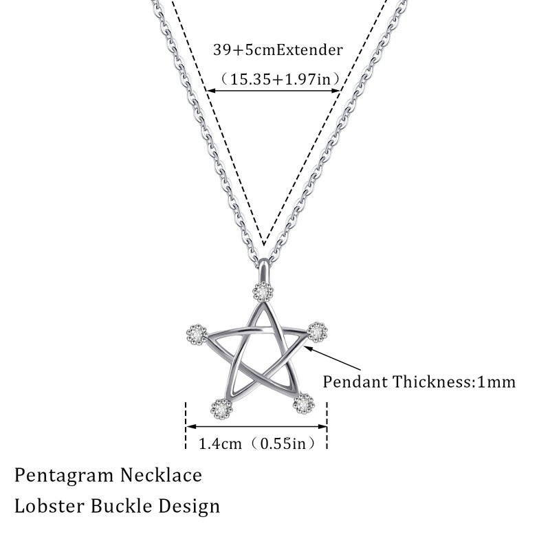 Silver Pentagram Star Pendant Necklace, Cubic Zirconia Crystals, Hollow Design