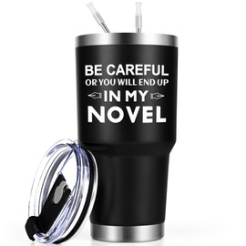Qtencas Gifts for Novelist, Be Careful Or You'll End Up In My Novel Travel Tumbler, Insulated Stainless Steel Travel Mug Tumbler, Birthday Christmas Gifts for Men Author Literary Library, 30oz Black