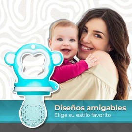 Chupón Para Fruta Y Papilla con Seguro Y Tapa, Dibujo Animado MONKEY, Libre de BPA (Azul)