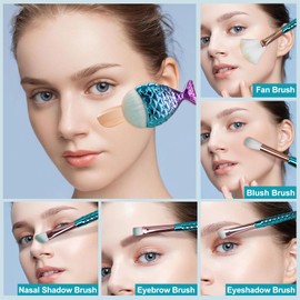 12PCS Makeup Brushes Set with Mermaid Beauty Hair Clip, Women Cosmetic Brushes Set Foundation Powder Cream Eyebrow Eyeliner Blush Cosmetic Concealer Brush Kids Girls Christmas Makeup Tool set Gifts