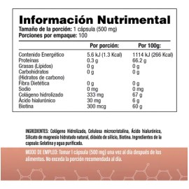Biotina + Ácido Hialurónico + Colágeno Hidrolizado - Suplemento con 100 Cápsulas - S&V