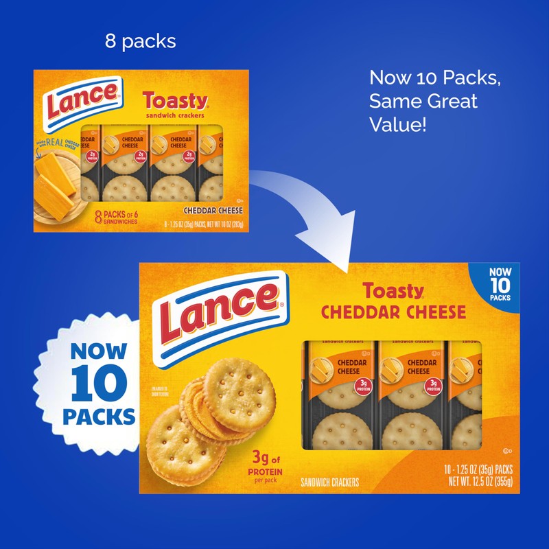 Lance Sandwich Crackers, Toasty Cheddar, 10 Individually Wrapped Packs, 6