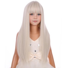 PATTNIUM Platinum Blonde Wig with Bangs for Kids Girls Long White Blonde Straight Wig for Child Heat Resistant Synthetic Wig with Wig Cap
