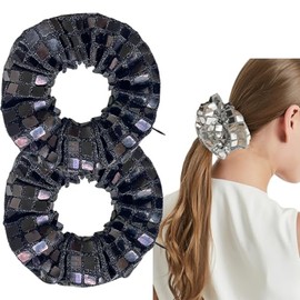 Mirror Disco Ball Sequin Hair Scrunchies with Hidden Zipper Pocket - Disco Party Favors Decor Metallic Silver Hair Accessories for Retro 70s 80s 90s Bachelorette Bridal Shower (2 Pcs Pocket - Black)