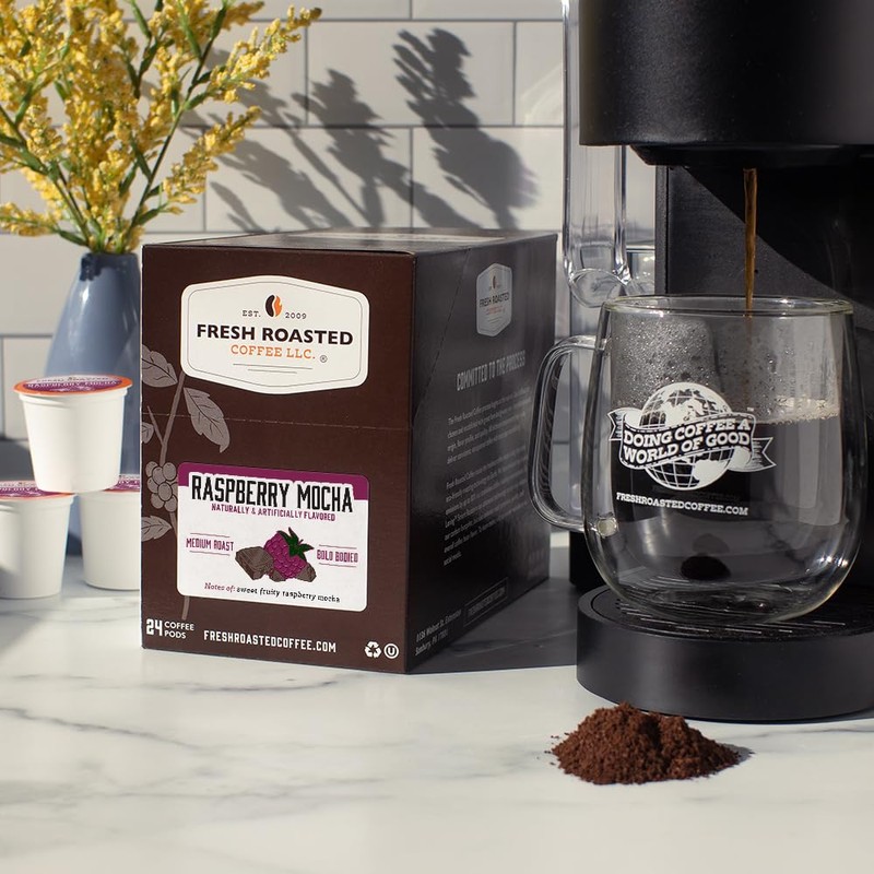 Fresh Roasted Coffee, Raspberry Mocha, Flavored Coffee Pods, K-Cup Compatible,