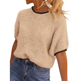 Saodimallsu Womens Puff Short Sleeve Sweater Tops Spring Summer Color Block Ribbed Knit Crew Neck Going Out Shirts Apricot