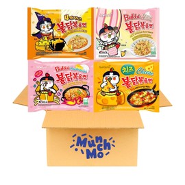 MunchMo Samyang Buldak Ramen Variety 4 Packs - 4 Flavor Cheesy Variety Pack - Hot Spicy Chicken Carbonara, Cream Carbonara, Quattro Cheese, Cheese, Fire Buldak Noodles, Buldak Ramen Noodles, Samyang Noodles with 4 x Complimentary MunchMo Chopsticks