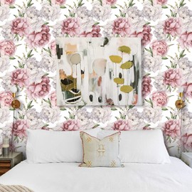 XYZshop Self-Adhesive Floral Peonies Wallpaper Pink/Green/White Watercolor Design, Peel and Stick Removable Vinyl Wallpaper for Home Decor 17.3" x 118"