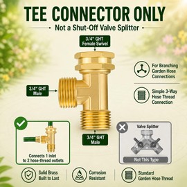 Jingzan Brass Garden Hose Tee Fitting, 3/4" GHT Female Swivel x Male x Male T Connector, Solid Brass Hose Branch Adapter for Outdoor Faucet, Garden Hose and Watering Attachments