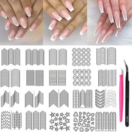 1768 Piece French Tip Nail Stickers - 36 Sheets Airbrush Stencils with Heart, Star, Moon, Wave Designs and Self-Adhesive Nail Tips, Guides, Tools - Tweezers and Cuticle Pusher