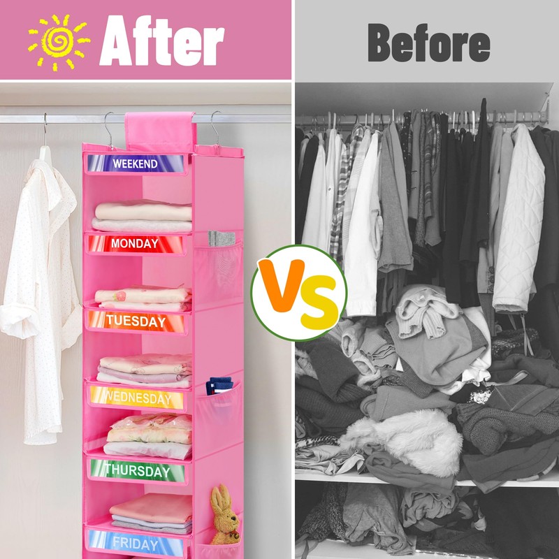 Fivebop 2 Pack 6-Shelf Weekly Clothes Organizer for Kids, Hanging