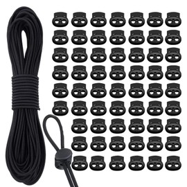 60 Pieces Plastic Toggles for Drawstrings and 10 m Black Elastic Cord 3mm, Dual-Holes Cord Locks Spring Toggle Loaded Fastener Slider for Shoelaces Clothing Backpack Paracord