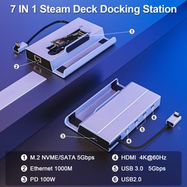 Steam Deck Dock, USB C Docking Station with 2 TB M.2 Card Slot, HDMI 4K@60Hz, 1000 Mbps Ethernet, 2 USB 3.0 and PD 100W Fast Charging, Compatible with Steam Deck OLED/ASUS ROG Alloy/Lenovo Legion Go