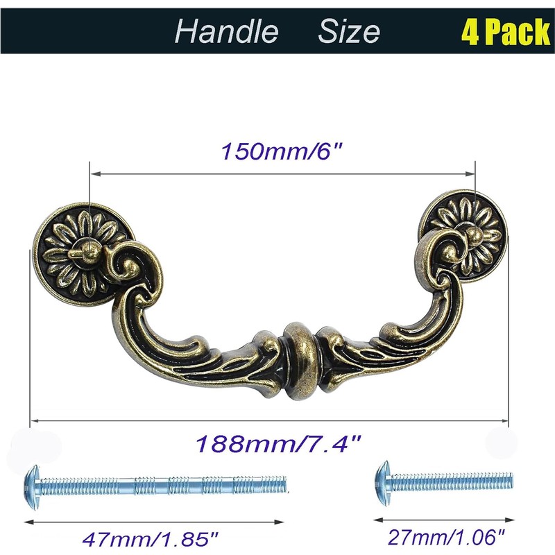 4Pcs Vintage Drop Bail Pull Handles- 6 Inch Hole Center