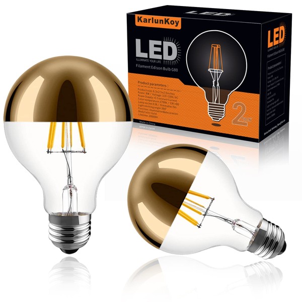 KarlunKoy Half Chrome Light Bulb 6W (60W Equivalent) Dimmable LED Edison Bulb G80/G25 Globe Shape Decorative LED Bulb Half Gold Reflected Light 2700K Soft White E26 Base Pack of 2