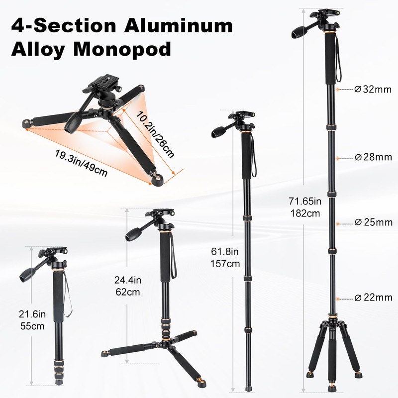 Koolehaoda 71.6” Camera Monopod with 3-Way Pan Tilt Head &