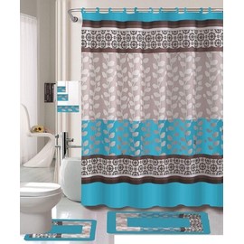 WPM WORLD PRODUCTS MART Riely 18-Piece Bathroom Set: 2-Rugs/mats, 1-Fabric Shower Curtain, 12-Fabric Covered Rings, 3-pc. Decorative Towel Set (Turquoise)