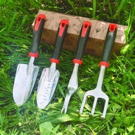 DONSP1986 Garden Tools Set, 4 Piece Aluminum Hand Tool Kit with Ergonomic Handle, Heavy Duty Gardening Tools Include Hand Trowel, Transplant Trowel, Hand Rake and Weeder (Orange)